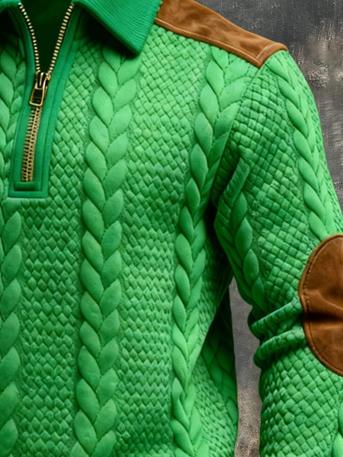Men's Retro Jacquard Textured Patchwork Comfortable Color-Blocked Zip-Up Sweatshirt