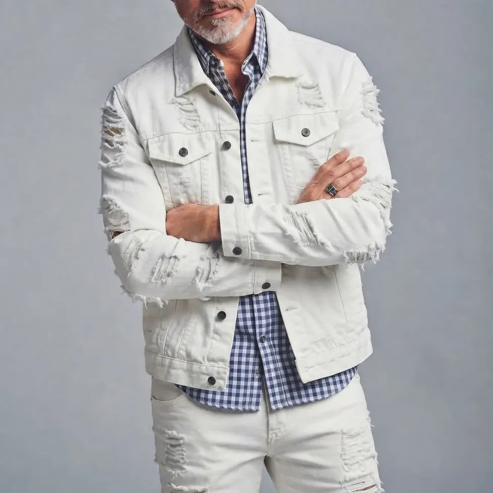 Men's White Distressed Ripped Single-Breasted Multi-Pocket Denim Jacket