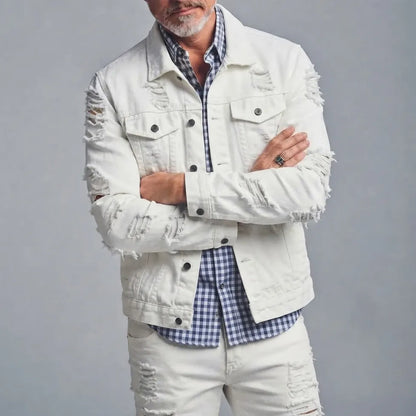 Men's White Distressed Ripped Single-Breasted Multi-Pocket Denim Jacket