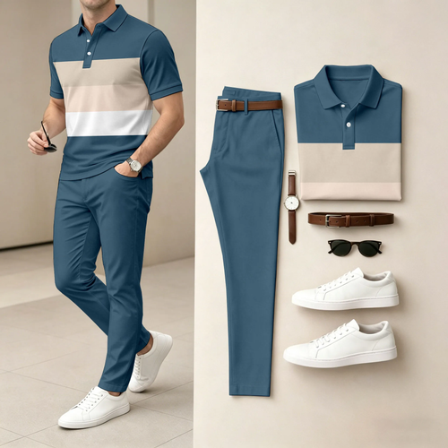 Men's Green Geometry Casual Printed Polo Shirt And Pants Two-Piece Set
