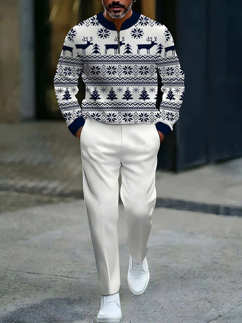 Men's Casual Navy & White Color Matching Christmas Printed Round-Neck Zipper Long Sleeved Sweatshirt & Trousers Two-Piece Set