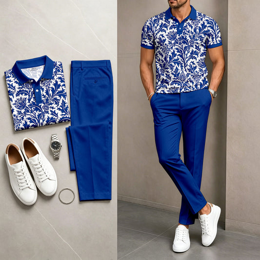 Men's Casual Royal Blue Printed Polo Shirt And Pants Two-Piece Set