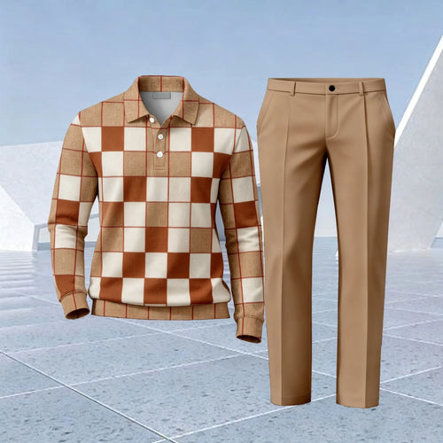 Men's Two-Piece Set: Color-Blocked Checkered Polo Shirt and Pants