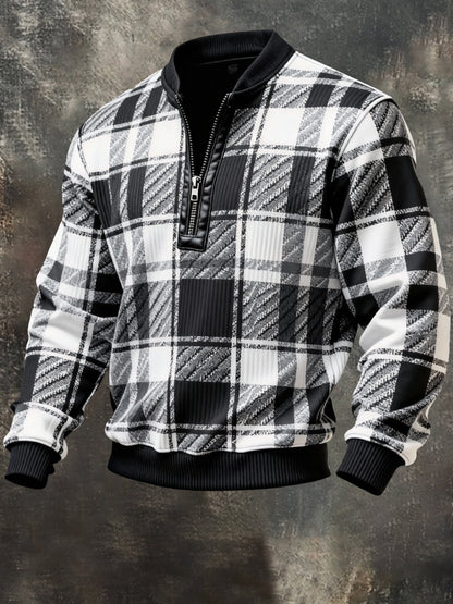 Men'S Casual Retro Contrast Color Half Zip Stand Collar Long Sleeve Sweatshirt