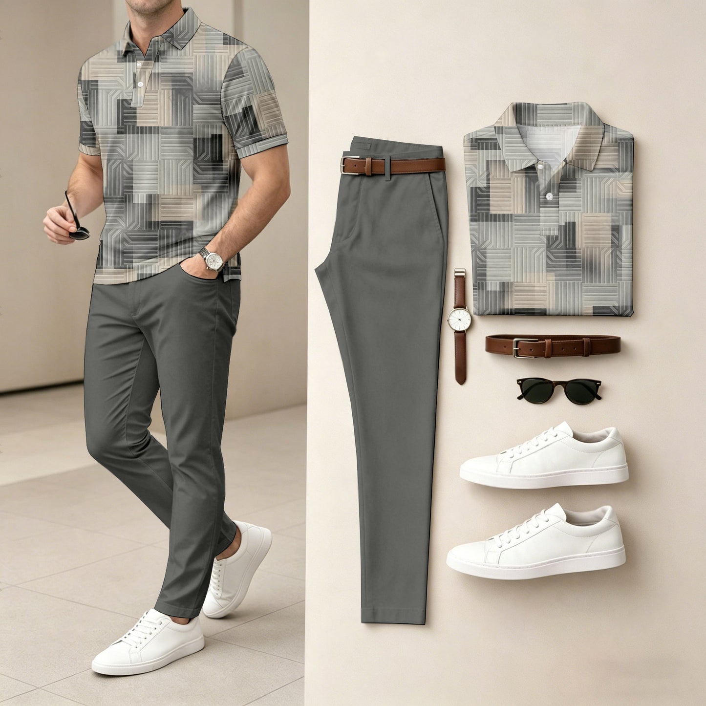 Men's Casual Gray Geometry Printed Polo Shirt And Pants Two-Piece Set