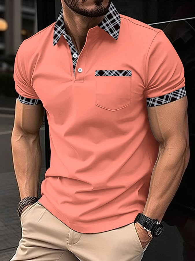 Men's Retro Plaid Stitching Fashion Casual Polo Shirt (With Pockets)