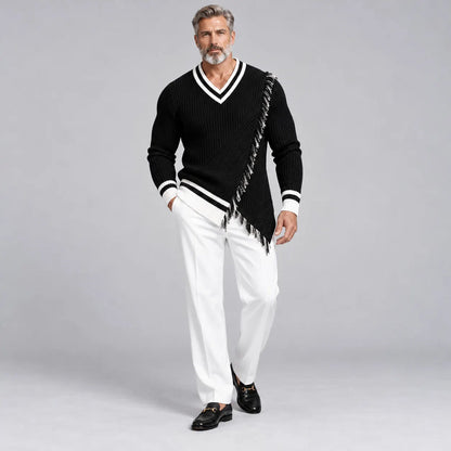 Men's Black V Neck Contrast Trim Fringe Asymmetrical Hem Ribbed Knit Sweater