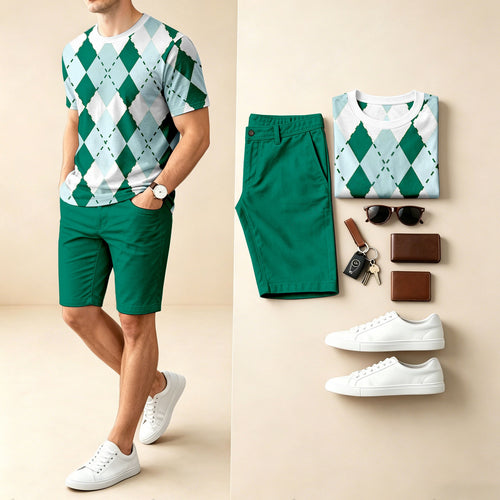 Men's Casual Checkered Print Round-Neck Short-Sleeve T-Shirt And Shorts Two-Piece Set