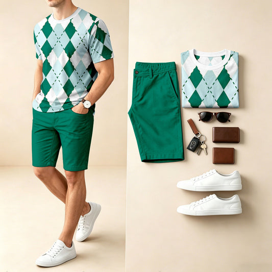 Men's Casual Checkered Print Round-Neck Short-Sleeve T-Shirt And Shorts Two-Piece Set