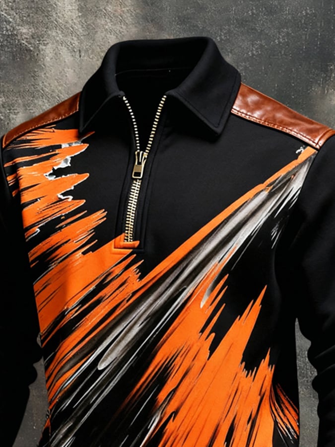 Men's Retro Color Block Print Color-Blocked Zip-Up Sweatshirt