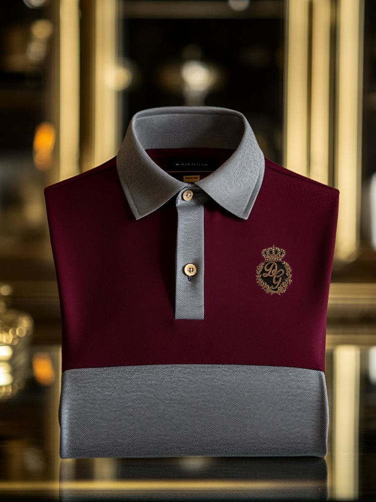 Men's Classic Business Check Logo Button Short Sleeve Polo Shirt