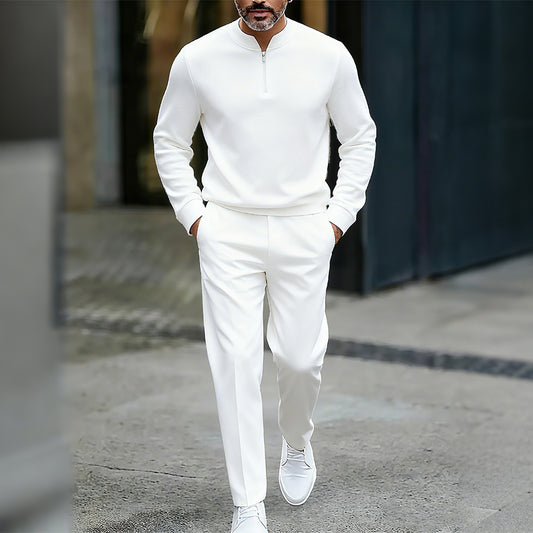 Men's Casual Solid Color Round-Neck Zipper Long Sleeved Trousers Two-Piece Set