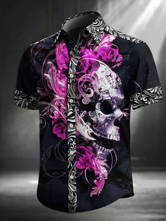 Men's Vintage Skull Floral Print Lapel Short Sleeve Shirt