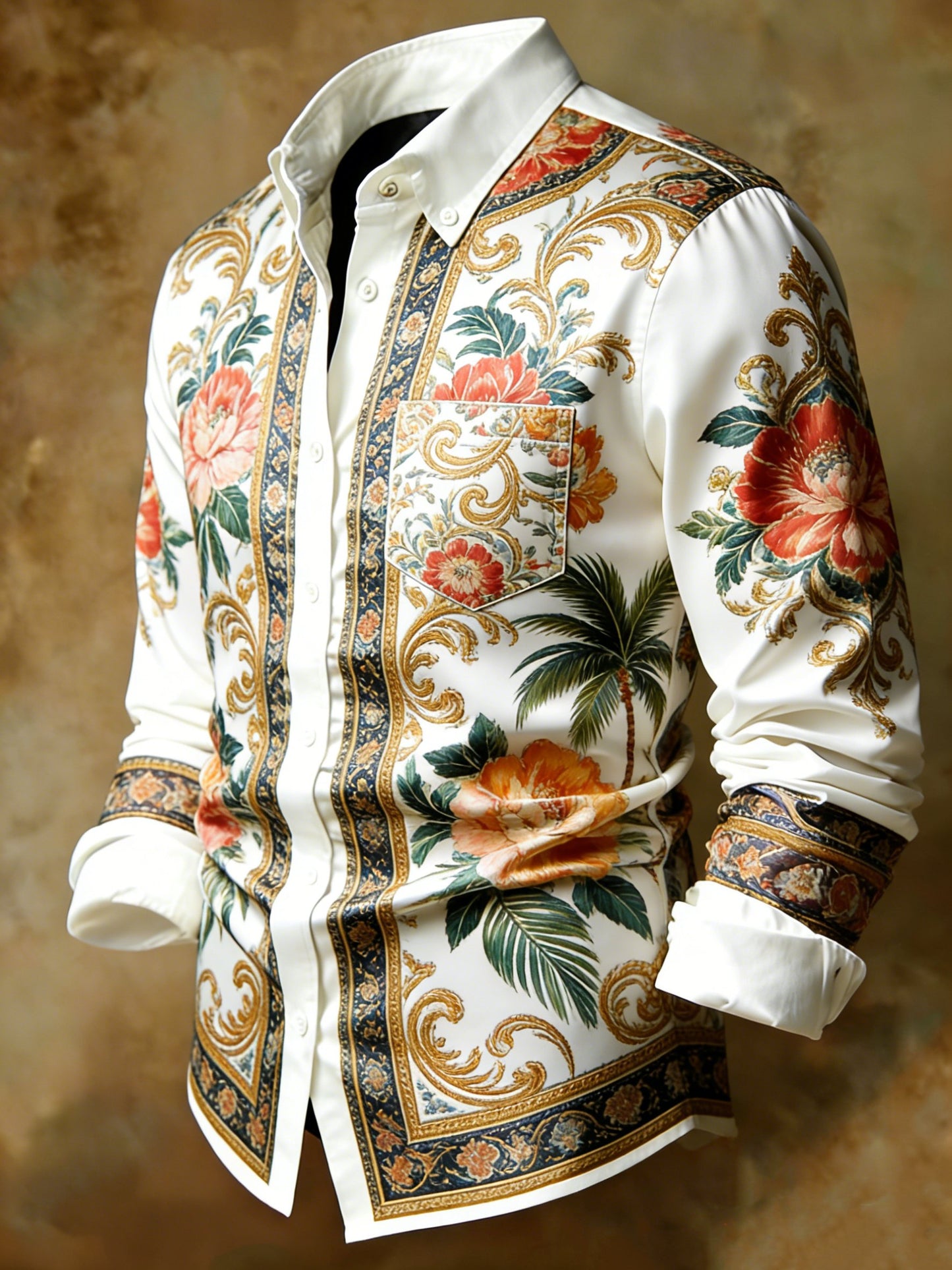 Baroque Palm Peony Gold Accent Print Business Shirt