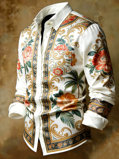 Baroque Palm Peony Gold Accent Print Business Shirt