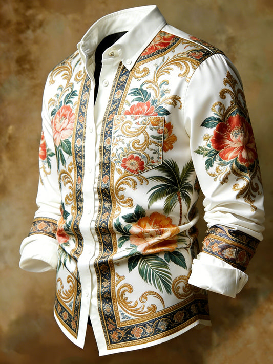 Baroque Palm Peony Gold Accent Print Business Shirt
