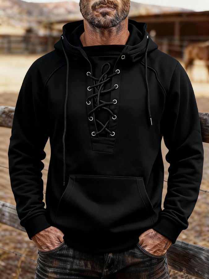 Men's Vintage Outdoor Style Lace-Up Design Warm Hooded Sweatshirt