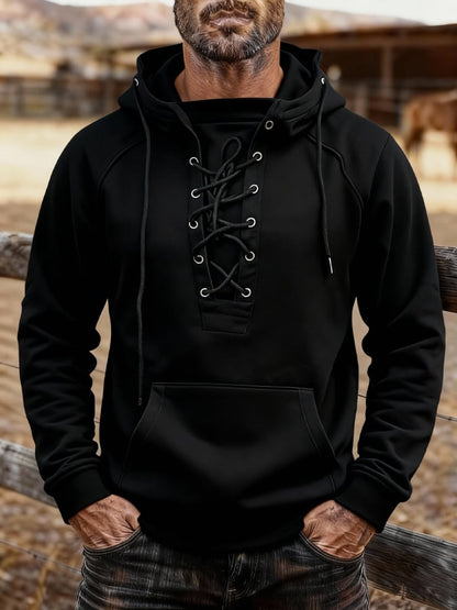 Men's Vintage Outdoor Style Lace-Up Design Warm Hooded Sweatshirt