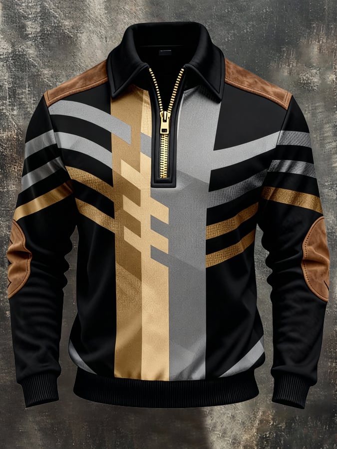 Men's Retro Color Block Print Zipper Sweatshirt