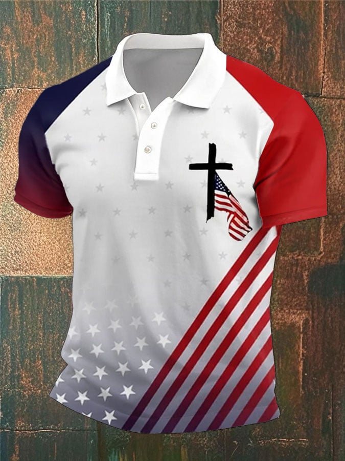 Men's Retro Flag Faith Print Casual Polo Shirt