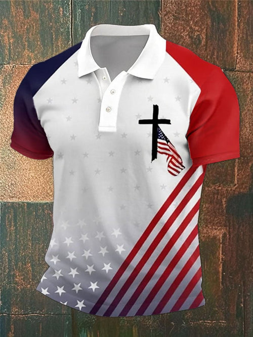 Men's Retro Flag Faith Print Casual Polo Shirt