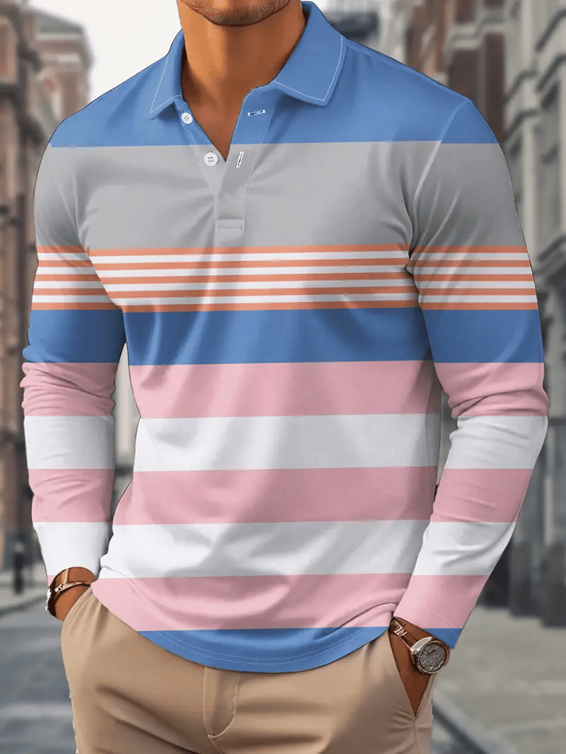 Men's Business Casual Striped Button-Down Polo