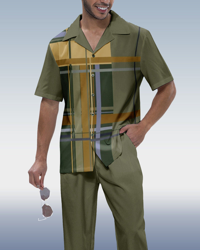 Rianmond Men's Plaid Print Short Sleeve Shirt Walking Set 288