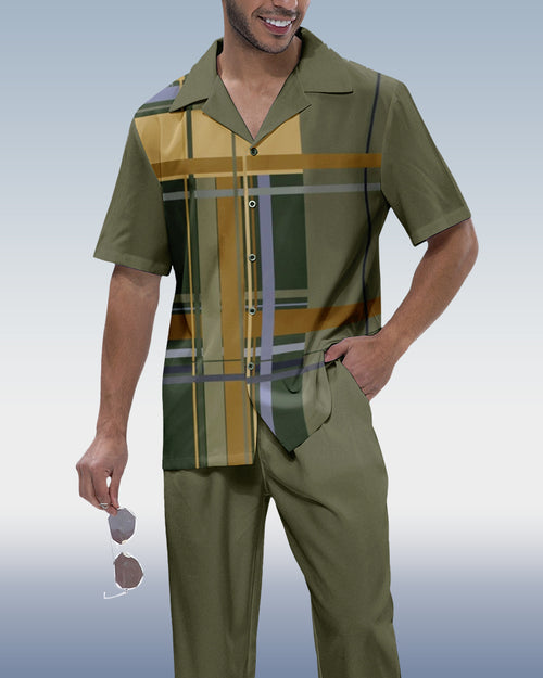 Rianmond Men's Plaid Print Short Sleeve Shirt Walking Set 288