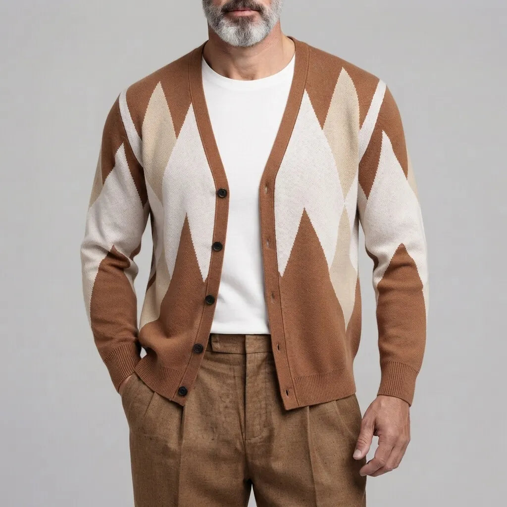 Men's Vintage Brown Argyle Pattern V Neck Button Up Long Sleeve Knit Cardigan