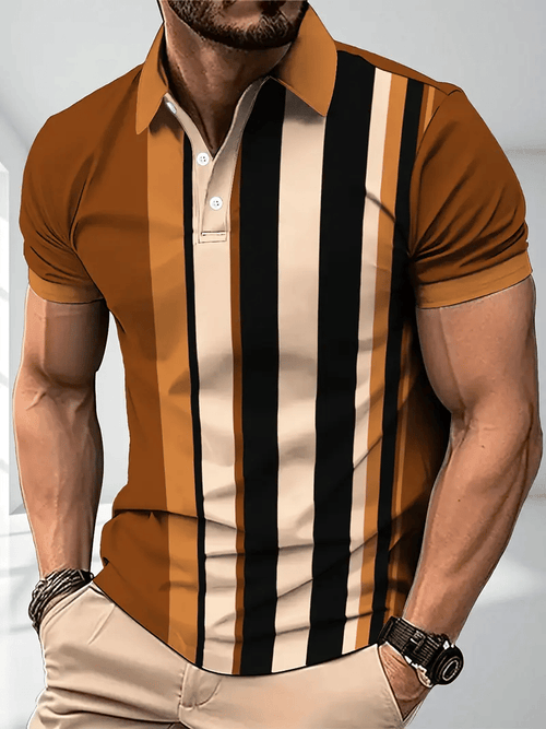 Men's Business Stripe Lettering Button-Down Polo Shirt