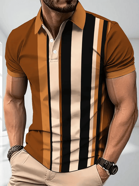 Men's Business Stripe Lettering Button-Down Polo Shirt