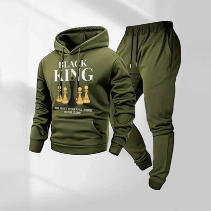 Men's Black King Letter Pattern Print Hoodie and Drawstring Sweatpants Set, Menswear, Casual Athletic Long Sleeve Hooded Jacket & Trousers for Fall & Winter, Men's Clothing for Daily Wear, Sportswear Indoor Outdoor, Tracksuit, Athleisure