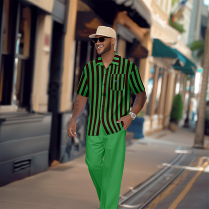 Men's retro green striped short-sleeved shirt walking suit 1640