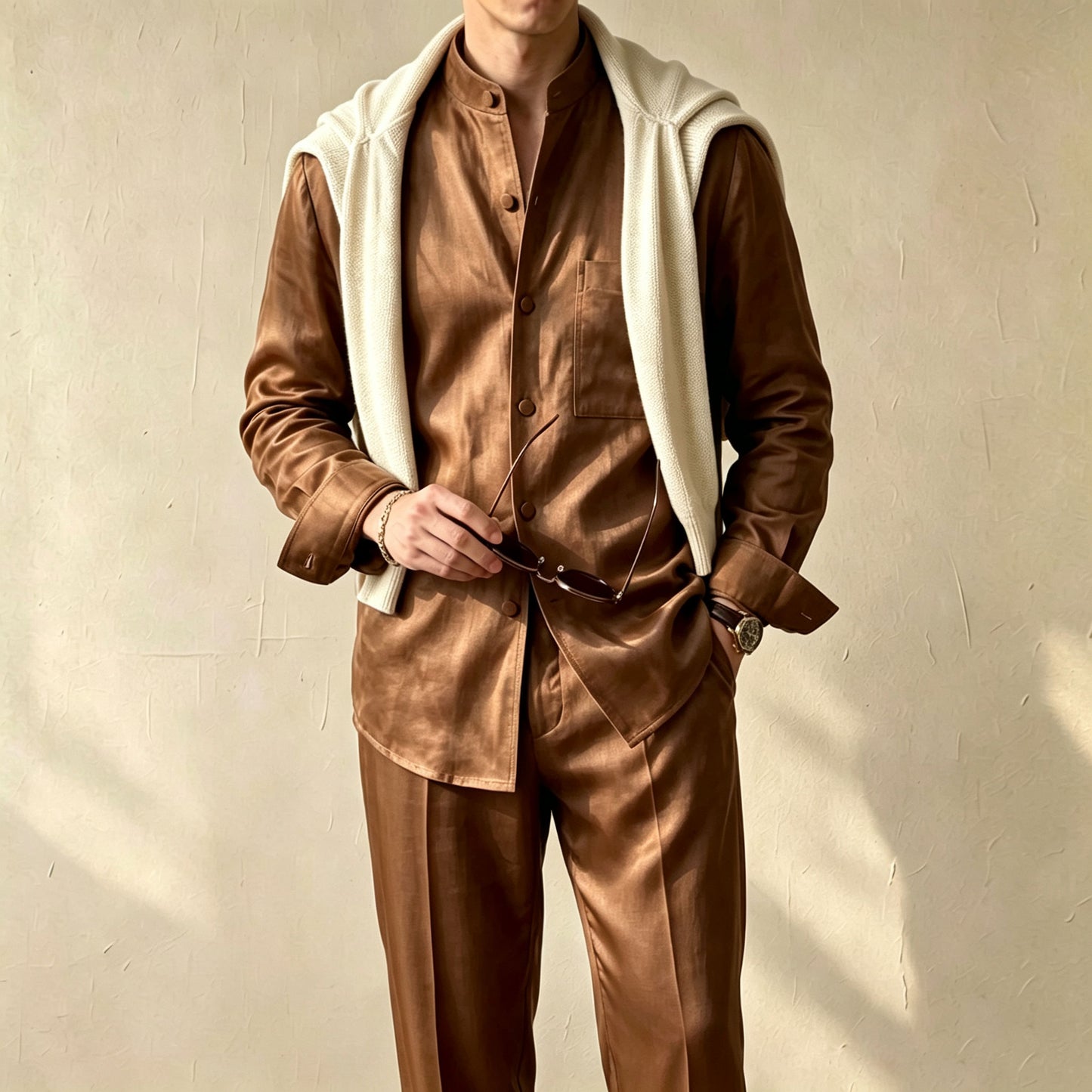 Men's Casual Solid-Color Printed Stand-Collar Long-Sleeve Shirt and Pants Two-Piece Set