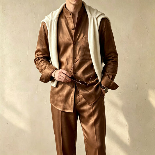 Men's Casual Solid-Color Printed Stand-Collar Long-Sleeve Shirt and Pants Two-Piece Set