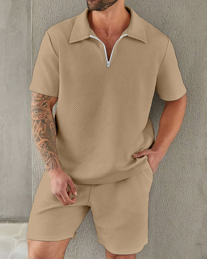 Suitmens Classic Elegant Simple Plain Texture Zipper Polo Set