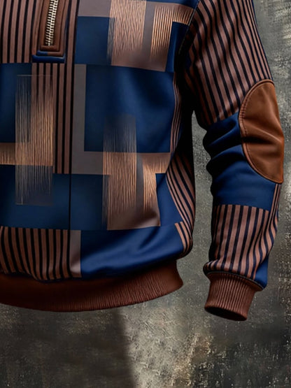 Men's Retro Color Block Print Color-Blocked Zip-Up Sweatshirt