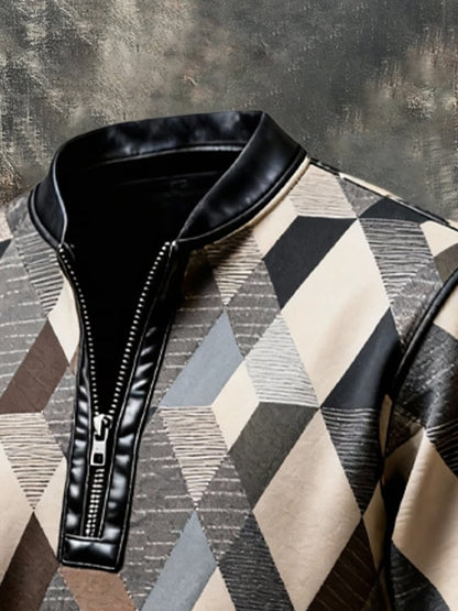 Men's Vintage Color-Block Printed Zip-Up Hoodie