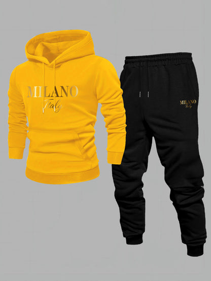 Men's Casual Color Matching Printed Hoodies Long Sleeved Sweatshirts & Sweatpants Two-Piece Set