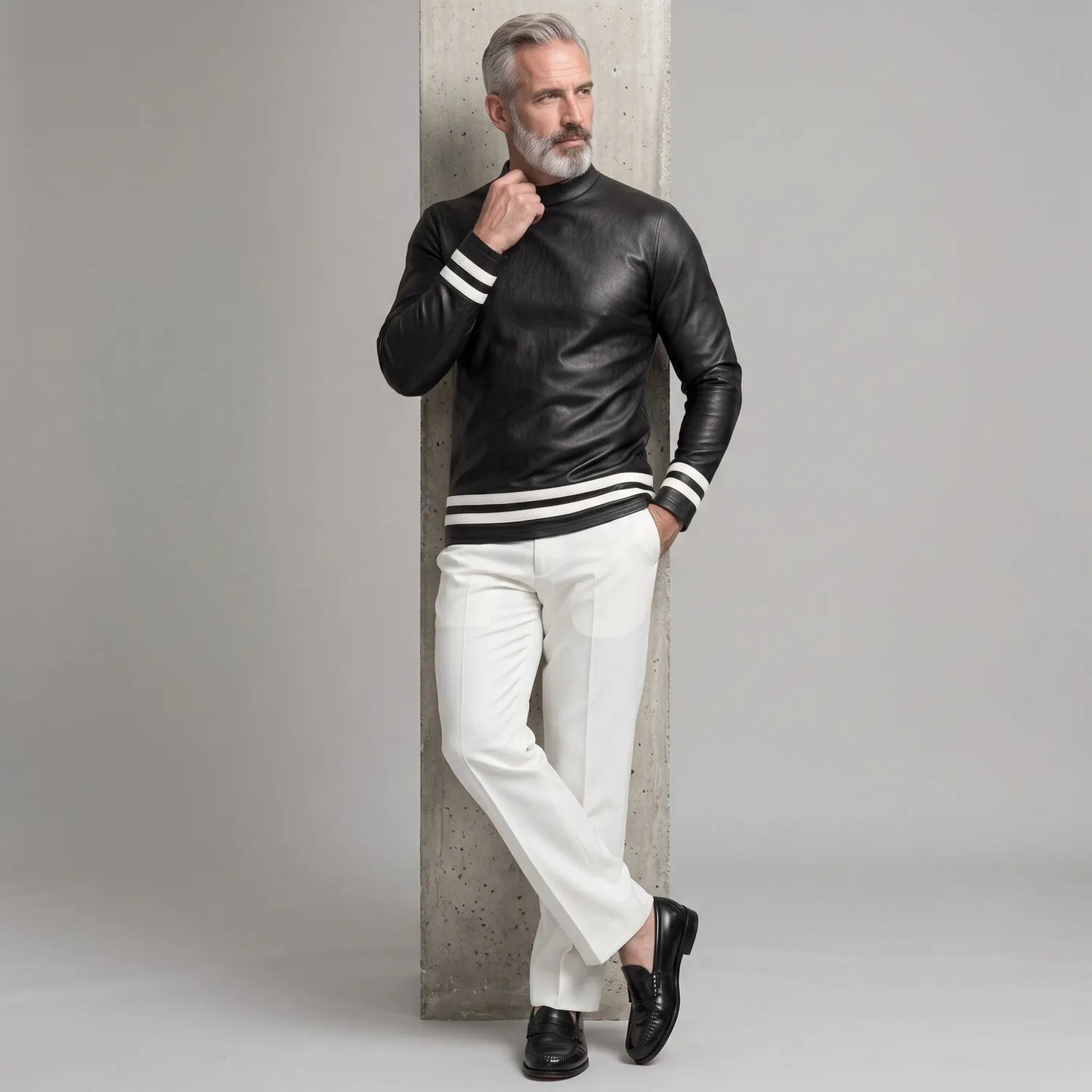 Men's Black PU Leather Mock Neck Contrast Striped Hem Long Sleeve T-Shirt