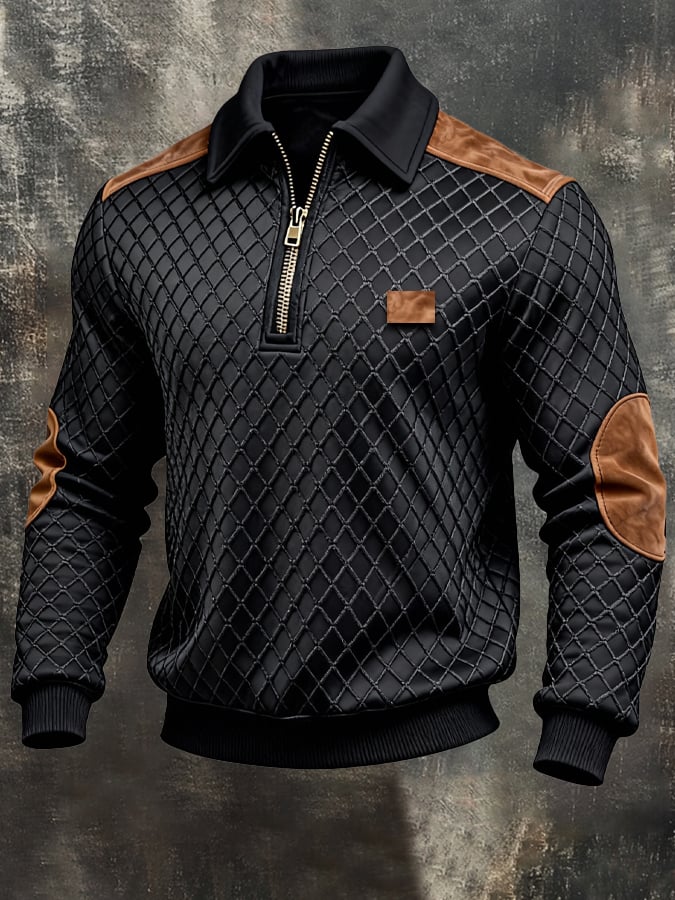 Men's Retro Jacquard Textured Patchwork Comfortable Color-Blocked Zip-Up Sweatshirt