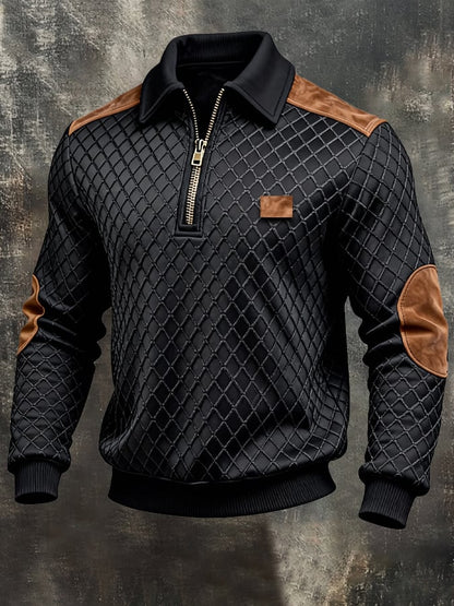 Men's Retro Jacquard Textured Patchwork Comfortable Color-Blocked Zip-Up Sweatshirt