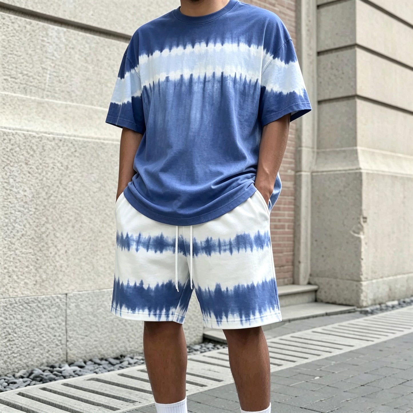 Men's Casual Gradient-Print Patchwork Round-Neck Short-Sleeve T-Shirt and Shorts Two-Piece Set