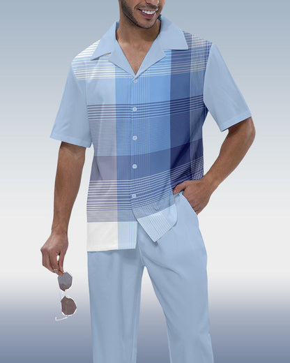 Rianmond Men's Check Print Short Sleeve Shirt Walking Set 351