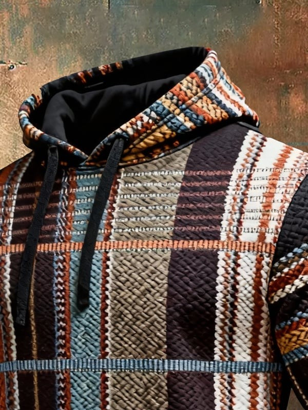 Men's Retro Contrast Print Casual Hooded Long Sleeve Sweatshirt