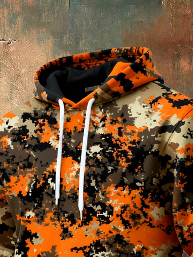 Men's Retro Distressed Color Block Camouflage Print Casual Long Sleeve Sweatshirt