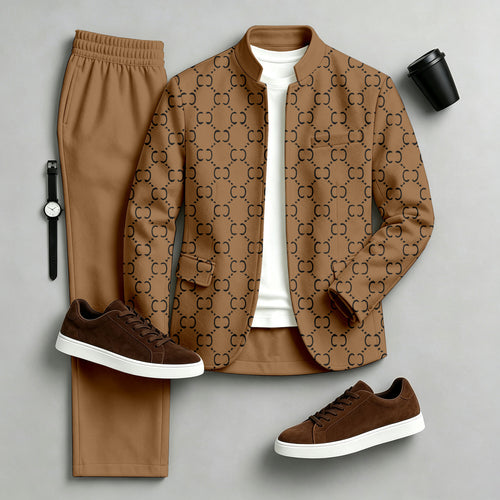 Men's Printed Stand-Collar Jacket and Pants Set
