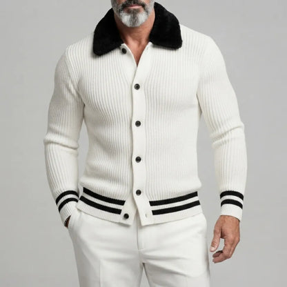 Men's White Ribbed Knit Contrast Fuzzy Collar Striped Trim Single Breasted Cardigan