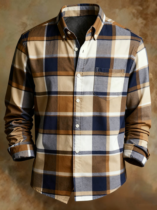 Men's Retro Abstract Art Print Plaid Pattern Business Style Shirt