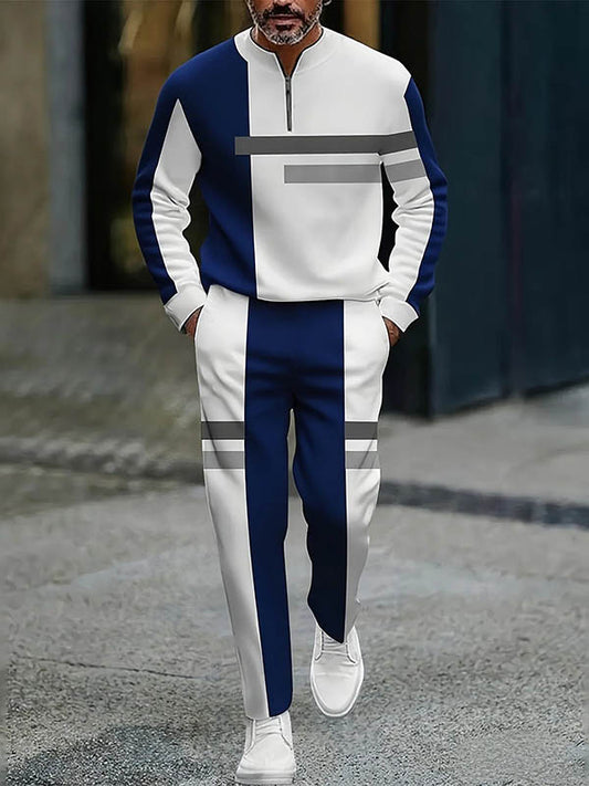 Men's Casual Color Matching Printed Round-Neck Zipper Long Sleeved Trousers Two-Piece Set